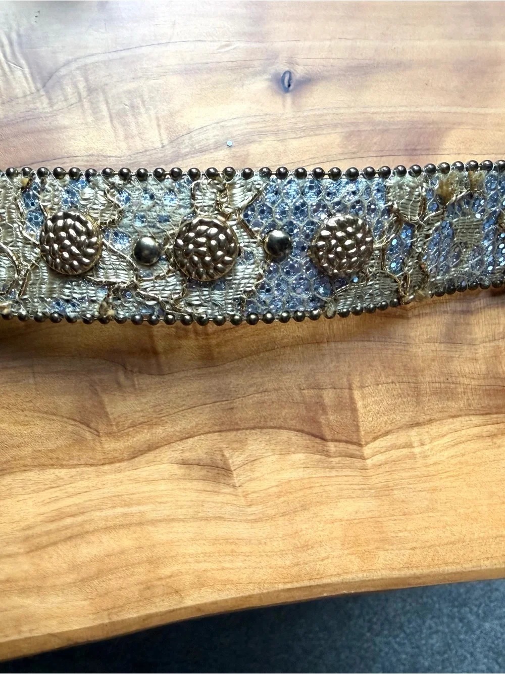Embellished Metallic Floral Leather Belt - Gold/Brown